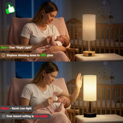 Touch Bedside Table Lamp for Bedroom, Stepless Dimmable, USB A+C, AC Outlet