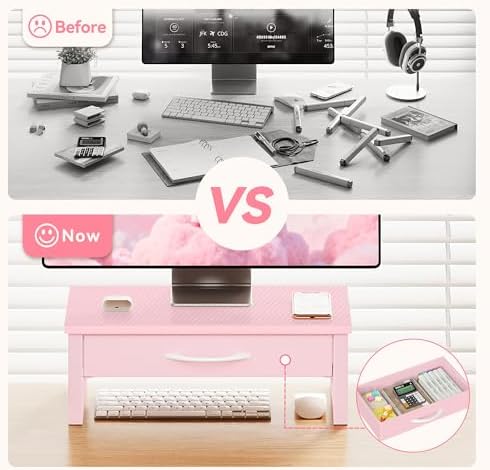 Desk Organizers and Accessories, Computer Monitor Stand Riser with Fabric Drawer, 2-Tier Laptop Stand for Desk, Office Organization Accessories, Pink