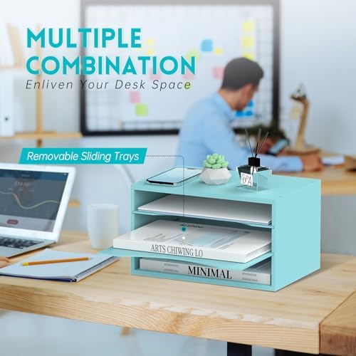 3 Tier Wood Desk Organizer, Mail Sorter and Paper Organizer for Desk, Blue