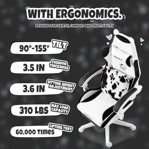 Vigosit Cute Gaming Chair with Footrest - Ergonomic Computer Chair Cow Print Design, High Back PU Leather Office Chairs with Lumbar Support for Adults