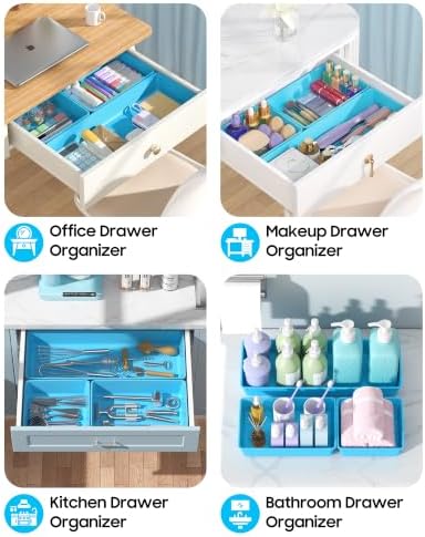 10 Pack Large Size Plastic Drawer Organizers Set, 3 Sizes Desk Drawer Organizer Trays, Storage Bins for Vanity, Makeup, Bathroom, Kitchen Utensils and Office (Blue)