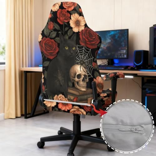 Gothic Black Cat Rose Skull Gaming Chair Cover Stretchable Game Chair Slipcovers with 2 Armrest Covers, Scratch-Proof Gamer Desk Chair Covers for Computer Office Seat