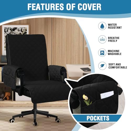H.VERSAILTEX Water-Resistant Office Chair Protector – Universal High-Back Cover with Non-Slip Buckles, Fits Executive,Gaming and Desk Chairs (Black/Grey, Washable)