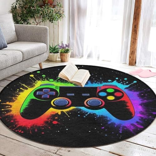 Large Home Decor Mat, Soft Round Yoga Carpet, Non Slip Machine Washable Kitchen Office Circle Rug Gaming Video Game Cool Games