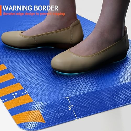 FEATOL Anti Fatigue Mat Industrial, Ergonomic Standing Floor Mat for Work for Stand, Safety Support for Leg & Back Pain(Blue with Yellow Border, 17" x 24", 2PC)
