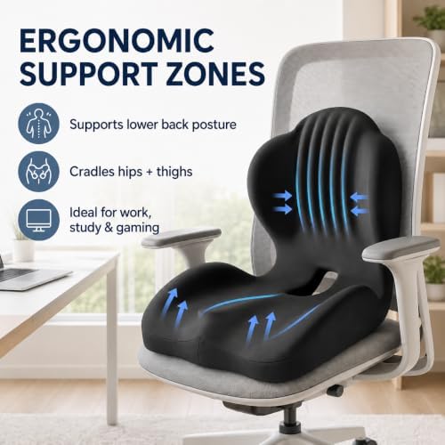 Ergonomic Memory Foam Seat Cushion, L Shaped Lumbar Support Pillow with Tailbone Relief, Orthopedic Chair Pad for Office, Car, Gaming Chair, Travel (Black)