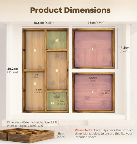 KOCWELL Bamboo Desk Drawer Organizer with Removable Dividers,Multi-Use Office Drawer Organizer Tray,Junk Drawer Organizers for Office,School,Kitchen,Makeup Supply（Carbon Brown）