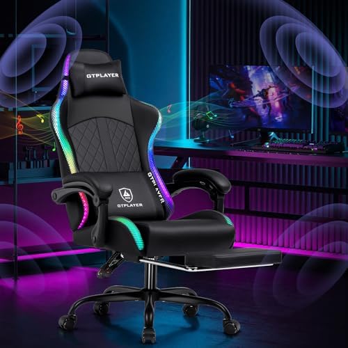 GTPLAYER RGB Gaming Chair with Speakers, Computer Gamer Chair with Footrest and LED Lights, PC Gamer Chairs for Adults, High Back Reclining Office Chairs, Linkage Armrest (Light Black, with Speakers)