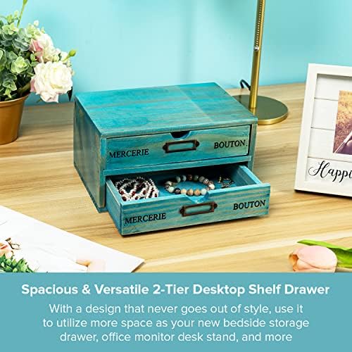 Turquoise 2-Tier Drawer Unit - European Country Style Desk Organizer Box - 9.7x7x5.1" Teal Wooden Stackable Drawers - Countertop Organizer Drawers w/Label Holder - Double File Drawer Unit