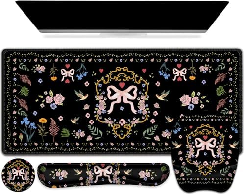 Mouse Pad with Wrist Support 4 in1 Set, XXL Big Game Mousepad + Keyboard Wrist Rest + Mouse Wrist Rest Pad +Coaster Gaming Mat for Home Office Work Computer Laptop I Vintage Floral Romantic Bow