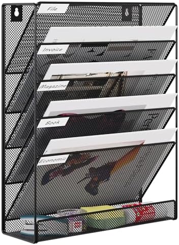 EasyPAG 5 Tier Wall File Holder, Mesh Hanging Folder Organizer with Classify Label, Versatile Desk File Holder, Vertical Wall Mounted Mail Organizer for Office Home Cubicle, Black