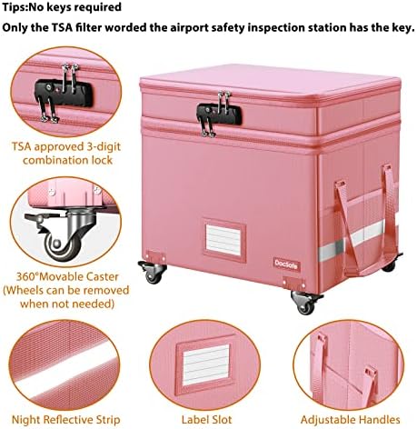 DocSafe File Box with Lock,2-Layer Fireproof Document Box with Wheels,Collapsible Rolling File Storage Organizer with Pockets,Large Portable Home Office Filing Cabinet Safe for Hanging Folders,Pink