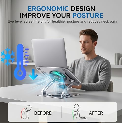 Adjustable Laptop Cooling Stand, 3-Speed Fan with RGB, 360° Rotating Base, Carbon Steel Foldable Laptop Riser, Ergonomic Height & Angle Adjustable Cooling Pad for Laptops & Tablets Up to 16” (Silver)