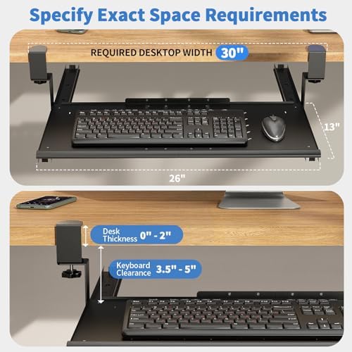 Keyboard Tray Under Desk - Full Metal Slide Out Holder, Rust-Resistant & Scratch-Proof, 26x13" Tray, Double C-Clamps for L Shape/Regular Desks, Standing/Sitting Workstation(Black-A)