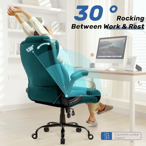 550LBS Big and Tall Office Chair, Comfy Heavy Duty Executive Chair with Adjustable Lumbar Support Double Spaces Casters, Fabric Extra Wide Seat Ergonomic Computer Desk Chair for Back Pain,Green