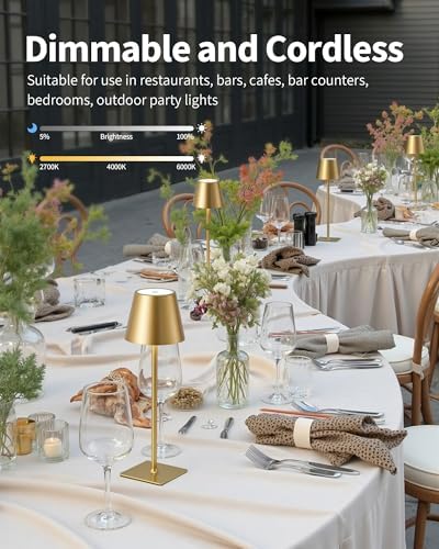 KDG Gold Cordless Table Lamps Set of 2, 4000mAh Rechargeable LED Desk Lamp