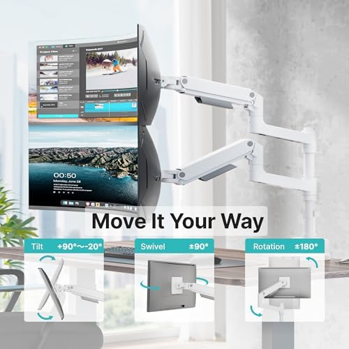 Dual Monitor Arm for 17"-49" Monitors, 44 lbs, VESA 75/100, White