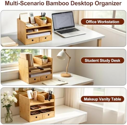 Bamboo Desk Organizer with Drawers, Makeup Storage for Home Office