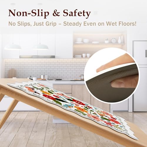 Arenarug Scalloped Kitchen Mats for Floor Cushioned Anti Fatigue Kitchen Mats Rugs Waterproof Non Slip Farmhouse Boho Floral Comfort Foam Standing Mat for Sink Laundry, White, 17.3x30