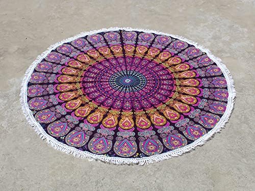 Round Beach Tapestry Turquoise Mandala Throw/Boho Hippie Beach Blanket Roundie/Indian Cotton Bohemian Large Round Table Cloth-Home Decor/Yoga Mat Meditation Picnic Rug (70", Pink And Yellow)