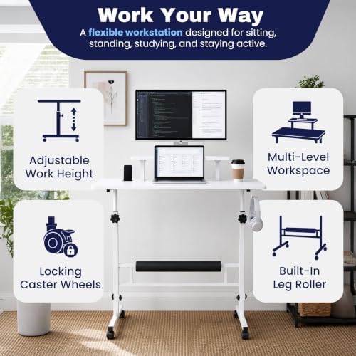 Small Rolling Desk with Wheels, Adjustable Height 27"-43.3" Portable Standing Desk, 31.5"x15.7" Tabletop, Mobile Laptop Computer Table for Home Office Workstation, White