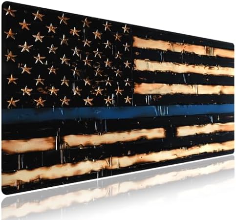 Vintage US Thin Blue Line Large Mouse Pad, Rustic Wood Pride Flag Desk Mat