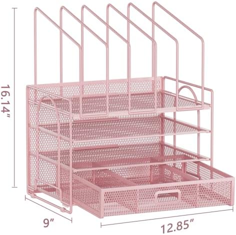 Marbrasse Desk Organizers, 4-Tier Mesh Desk File Organizer with 5 Vertical File Holders and 2 Pen Holders, Multifunction Desktop Organizer,Desk Organizers and Accessories for Home Office (Pink)