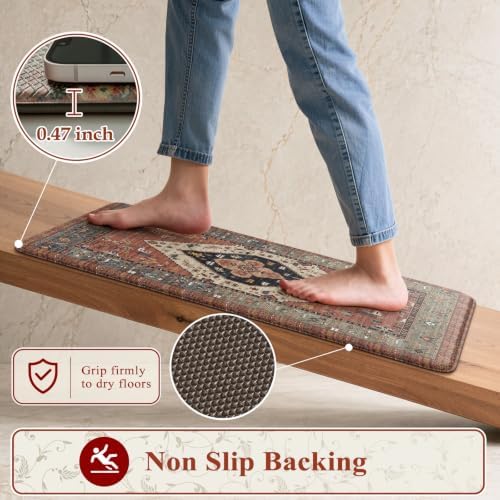 KIMODE Kitchen Mats Cushioned Anti Fatigue, Red Boho Vintage Kitchen Rugs