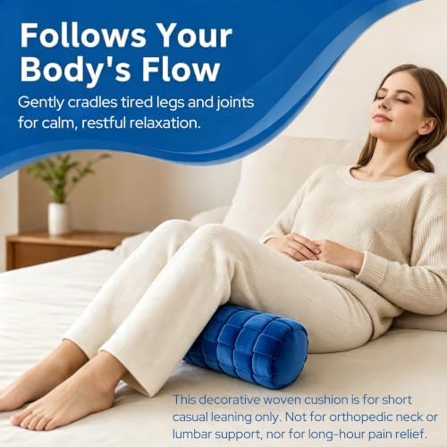 Soft Cylinder Lumbar Pillow, 15.7 x 5.9 Inch Hand-Woven Velvet Neck Roll Pillow, Polyester Fiber Filled for Neck Back Leg Relaxation, Decorative Throw for Couch Sofa Bed Office(Blue)