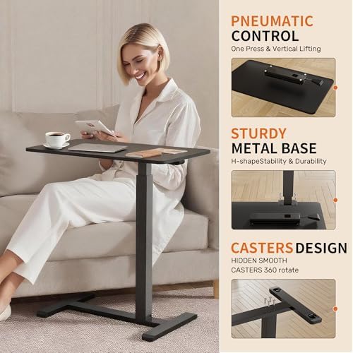 GallopFun Mobile Standing Desk with Wheels,Pneumatic Laptop Desk Height Adjustable,Rolling Teacher Overbed Bedside Table for Home,Office,Classroom,Black