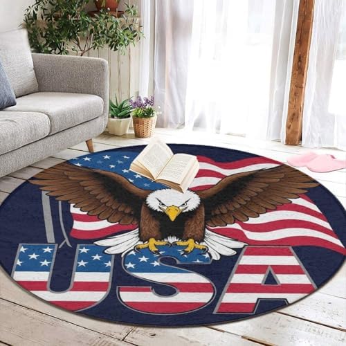 Soft Round Yoga Carpet, Large Home Decor Mat, Non Slip Machine Washable Kitchen Office Circle Rug Patriotic American Eagle Flag