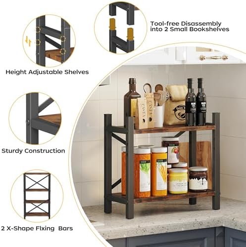 2-Pack Desktop Bookshelf, 4-Tier Stackable Narrow Bookcase, Adjustable Industrial Desk Organizer & Hutch - Rustic Brown Wood Desktop Book Organizer for Living Room, Bedroom & Home Office