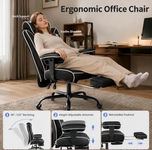 DJ·Wang Big and Tall Office Chair 400lbs, Executive Office Chair with Foot Rest Black PU Leather