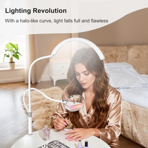 Half Moon Desk Lash Light with 4X Magnifier, 2-in-1 Dual Arm Gooseneck Clamp Lamp for Eyelash Extension, Shadow-Free Esthetician Light, Adjustable Color & Brightness for Tattoo, Sewing, Crafts