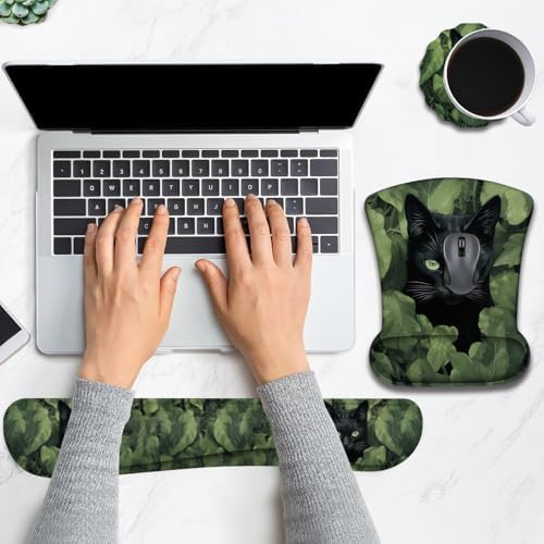 Keyboard Wrist Rest and Mouse Pad Wrist Support with Lace-Shaped Coaster Set, Ergonomic Gel Memory Foam and Anti-Slip Base, Easy Typing and Pain Relief - Black Cat