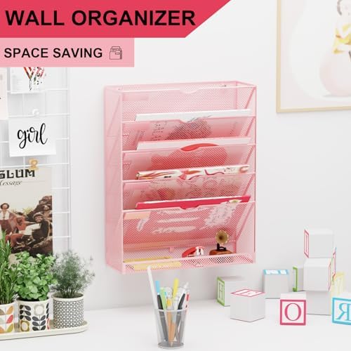 Hanging Wall File Organizer 6 Tier Wall Mounted Mail Paper Folder Holder Document Organization Stand, Vertical Desk Magazine Rack for Office Home Cubicle Countertop, Pink