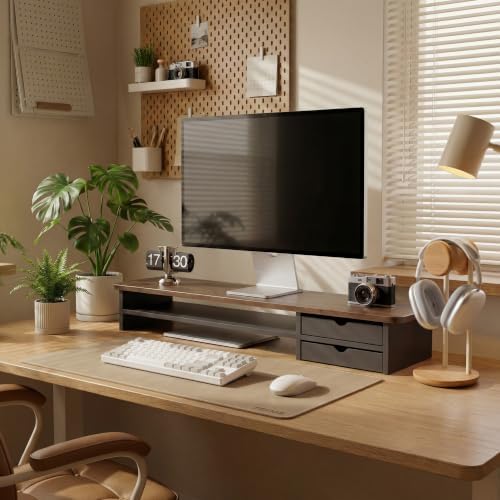 Fenge Monitor Stand, Desk Computer Riser with Frosted Storage Drawer, Brown