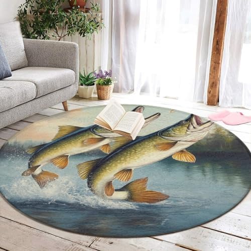 Large Round Area Rug Home Decor Modern Bathroom Rug Kitchen Office Circle Rug for Living Room Sofa Circle Cute Mat Two Bass Fish Jumping Out of Water Painting, 36inch