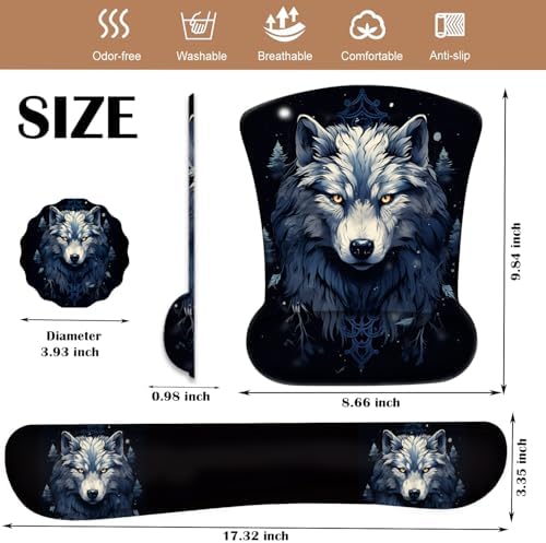 Keyboard Wrist Rest and Mouse Pad Wrist Support with Lace-Shaped Coaster Set, Ergonomic Gel Memory Foam and Anti-Slip Base, Easy Typing and Pain Relief - Night Moon Wolf