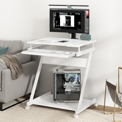 soges Movable Desk for Computer, Small Double-Layer Workstation, Computer Desk Cart, with Universal Lockable Wheels and Keyboard Tray, White