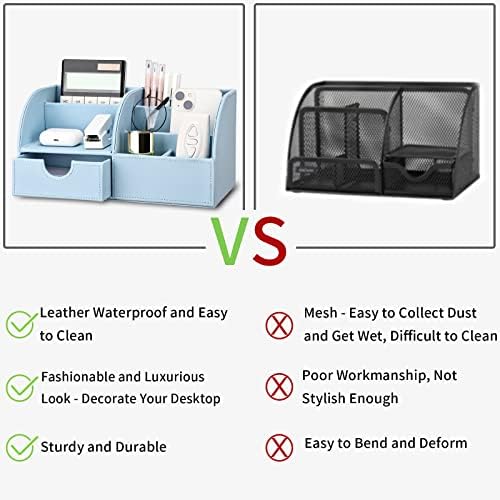 KINGFOM Pu Leather Desk Organizer Pen Pencil Holder Office Supplies Caddy Storage Box 6 Compartments with Drawer Blue