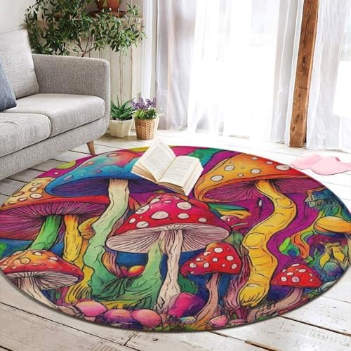 Machine Washable Modern Round Area Rug, Room Sofa Yoga Soft Round Carpet, Home Decor Non Slip Kitchen Office Circle Rug Colorful Mushrooms Art, 60inch