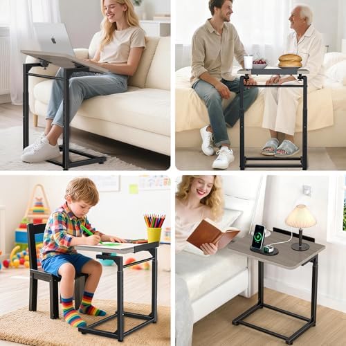 Tv Tray Table, 8-Level Adjustable Height Couch Side Table，90° Tilt Angle Adjustments C-Shaped End Table, with Phone & Tablet Slot Computer Desk for Sofa, Bed, Chair, Living Room（Lvory Gray）