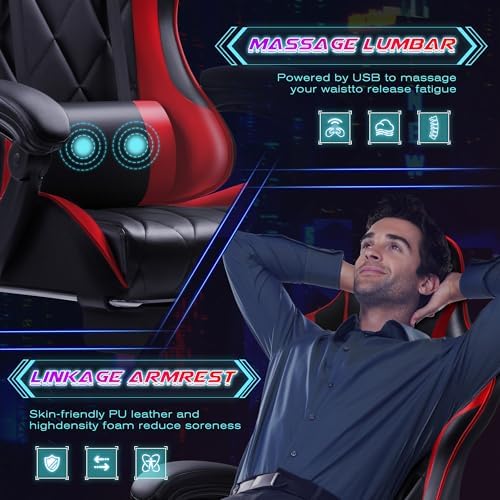 Shahoo Gaming Chair with Footrest and Massage Lumbar Support, Computer Game Chairs Ergonomic Office Seat Height Adjustable with Headrest, Red