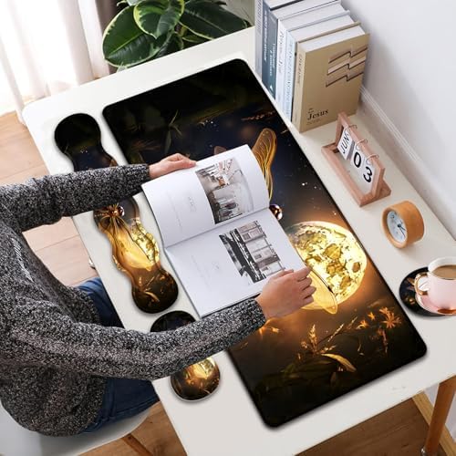 4 in 1 Mouse Pad Combo, Large Gaming Mouse Pad + Keyboard Wrist Support + Mouse Wrist Rest + Coaster, Table Pad 31.5 "x 11.8" with Memory Foam Ergonomic Wrist Pad Set, Dragonfly Under The Moon