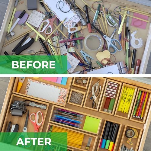 Grow Forward Bamboo Drawer Organizer Boxes - Set of 14 Wooden Drawer Organizers for Kitchen, Bathroom, Office, Desk, Vanity, Makeup - Non-Slip Junk Drawer Organizer Trays for Storage and Organization