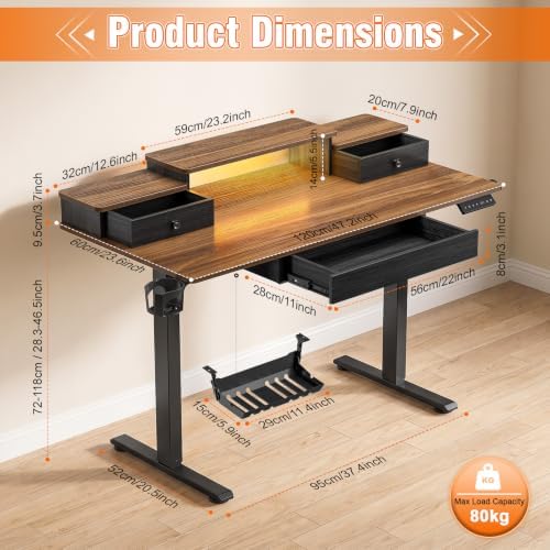Height Adjustable Desk 47.2" Electric Standing with Drawers RGB