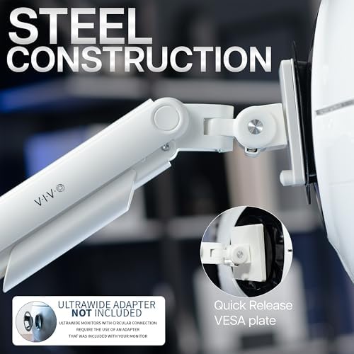 VIVO Heavy Duty Aluminum Ultrawide Monitor Tension Arm for up to 49 inch Screens, Holds 44 lbs, Premium Desk Mount Stand Designed for Samsung Odyssey G9 and More, White, STAND-V101VW
