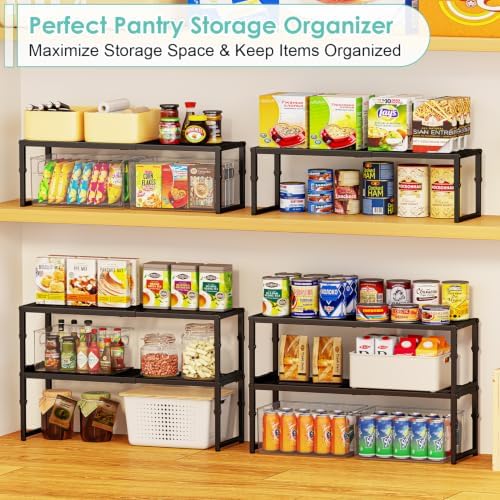2 Pack Expandable Kitchen Cabinet Shelf Organizer, 15.5"-25.5" Long Adjustable Storage Shelves Organizers for Kitchen Countertop Pantry Cupboard Table Desk Counter, Stackable, 30LBS Load Capacity