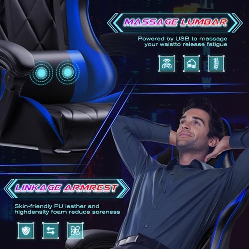 Shahoo Gaming Chair with Footrest and Massage Lumbar Support, Computer Game Chairs Ergonomic Office Seat Height Adjustable with Headrest, Blue